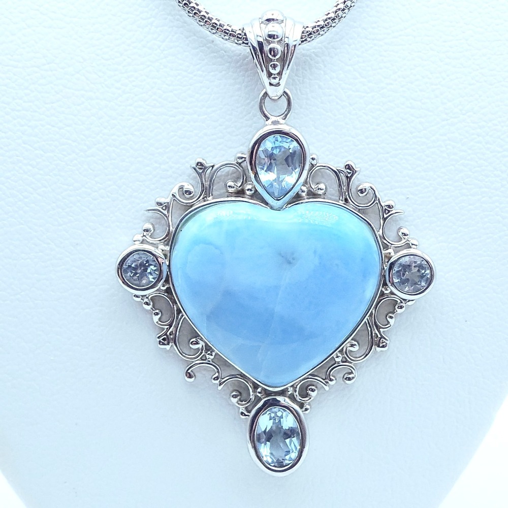 New Blue Topaz Larimar Filigree Sterling Silver 925 Heart 18" Pendant Necklace